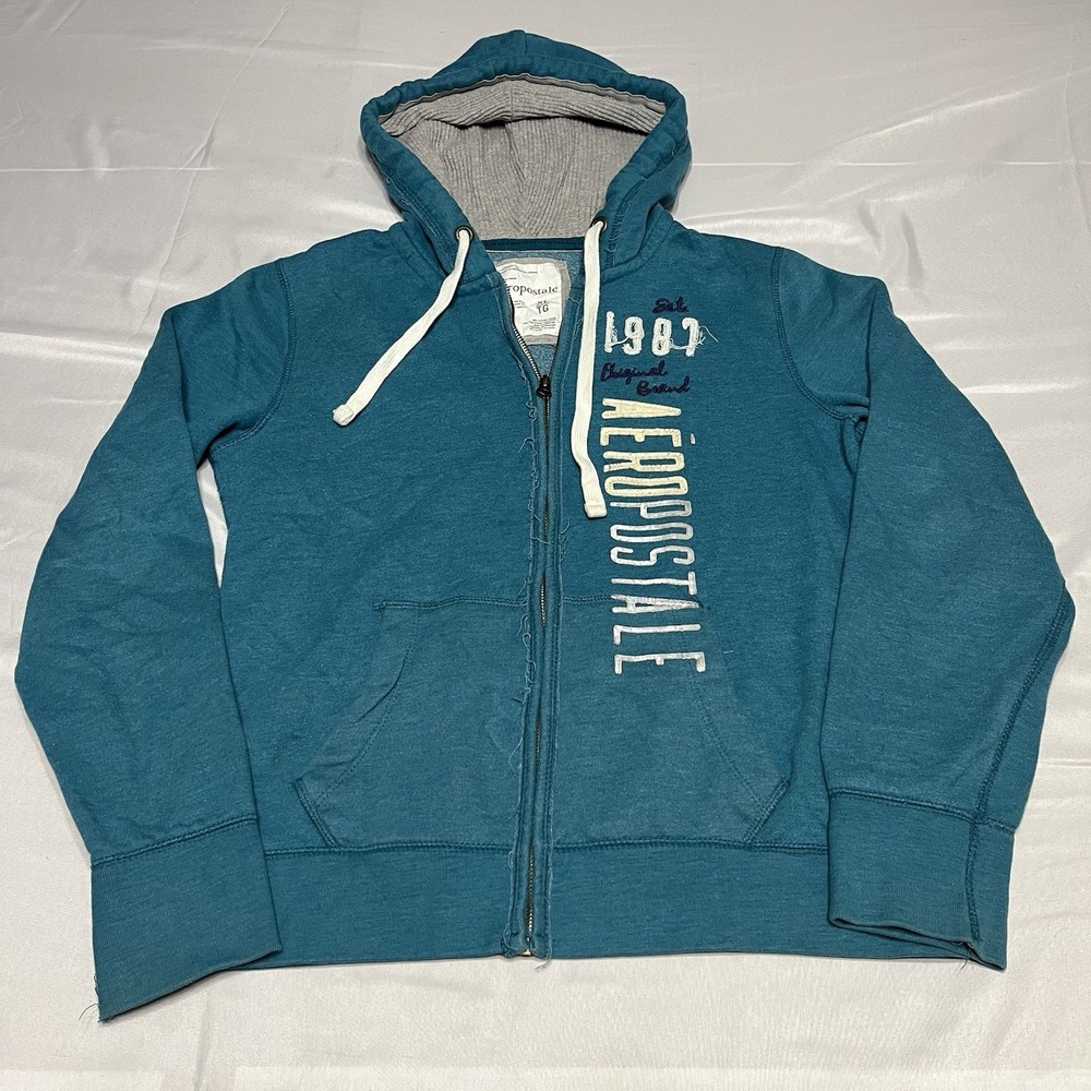VTG Y2K Aeropostale Full Zip Hoodie Women's Sz XL Blue Embroidered Sweatshirt